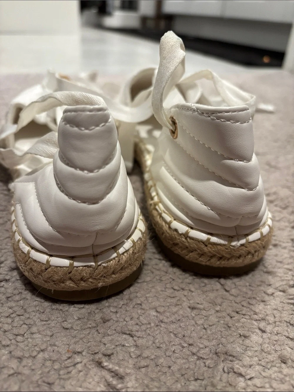 White Quilted Espadrille Lace-Up Flats